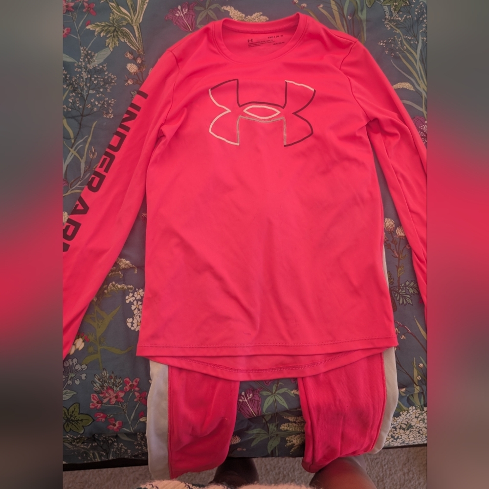 UnderArmour Kids HeatGear® Pink Long Sleeve Shirt (YMD) Plus Jogger Sweats (YSM)